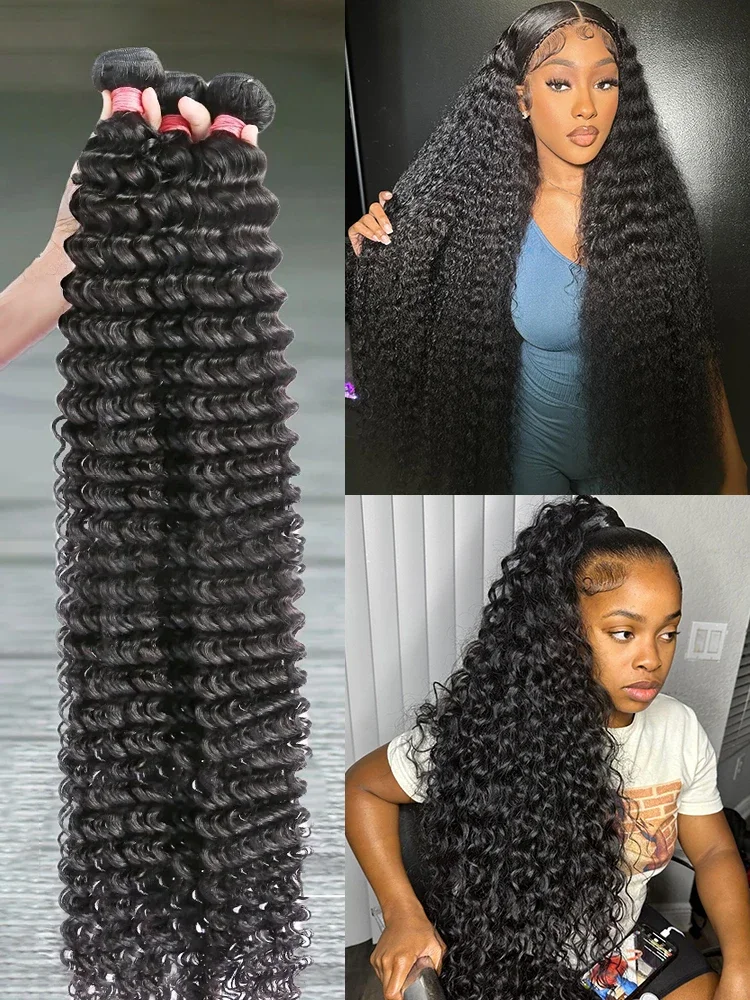 Bundles de cheveux humains bouclés Deep Wave, 100% cheveux humains, extensions de tissage brésiliens, cheveux bruts, 30 po, 32 po, 4 pièces, 3 pièces, 1 pièces