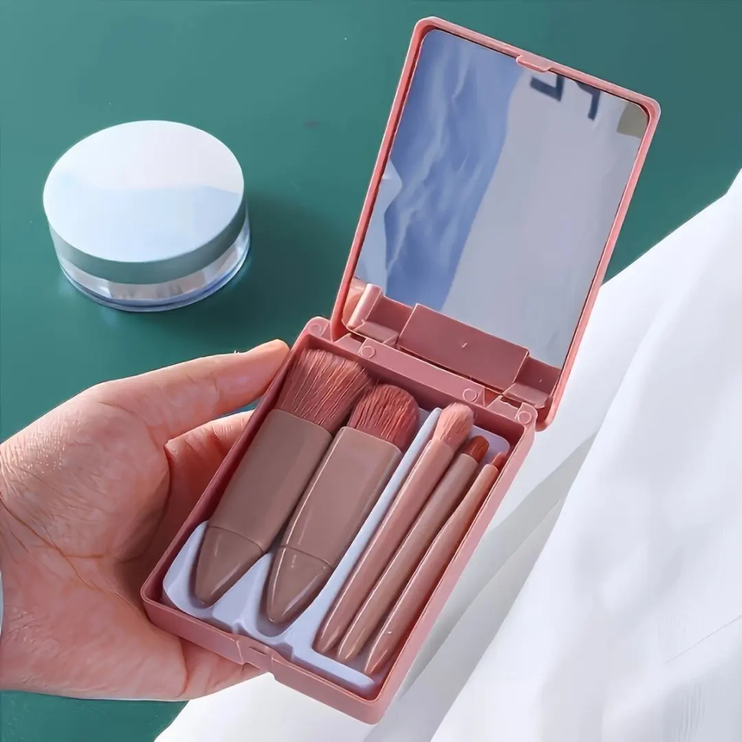 1 Set Compact Mirror Makeup Brush Kit - Mini Multi-Function Powder Brush, Travel Gift for Friends & Her