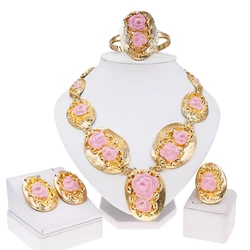 Women Jewelry Set 24K Gold Plated Necklace Fan Rose Pendant Big Ring Luxury Wedding Bijoux Brilliant Fashion Bracelets