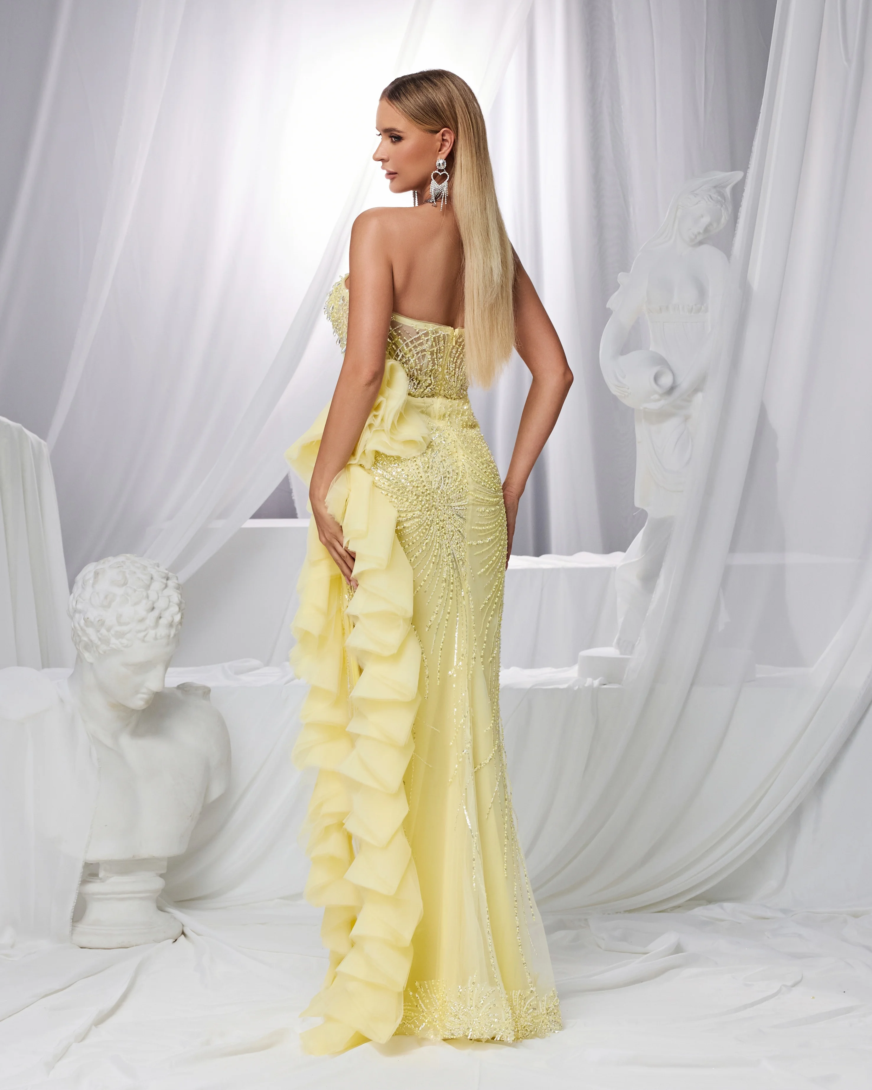 شاليمار تشانغ فساتين السهرة الصفراء للسيدات مع الماس اليدوية كيب كم حورية البحر فستان سهرة فاخر حسب الطلب