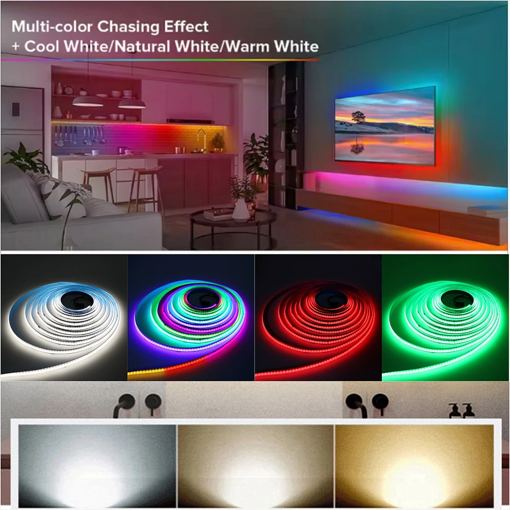 ไฟ LED แบบเส้น DC12V FCOB SPI RGBW IC WS2814 ปรับแต่งสีได้ 840 ดวง ขนาด 12 มม. SK6812 ความยืดหยุ่นสูง FOB COB แสงสี RA90 IP30