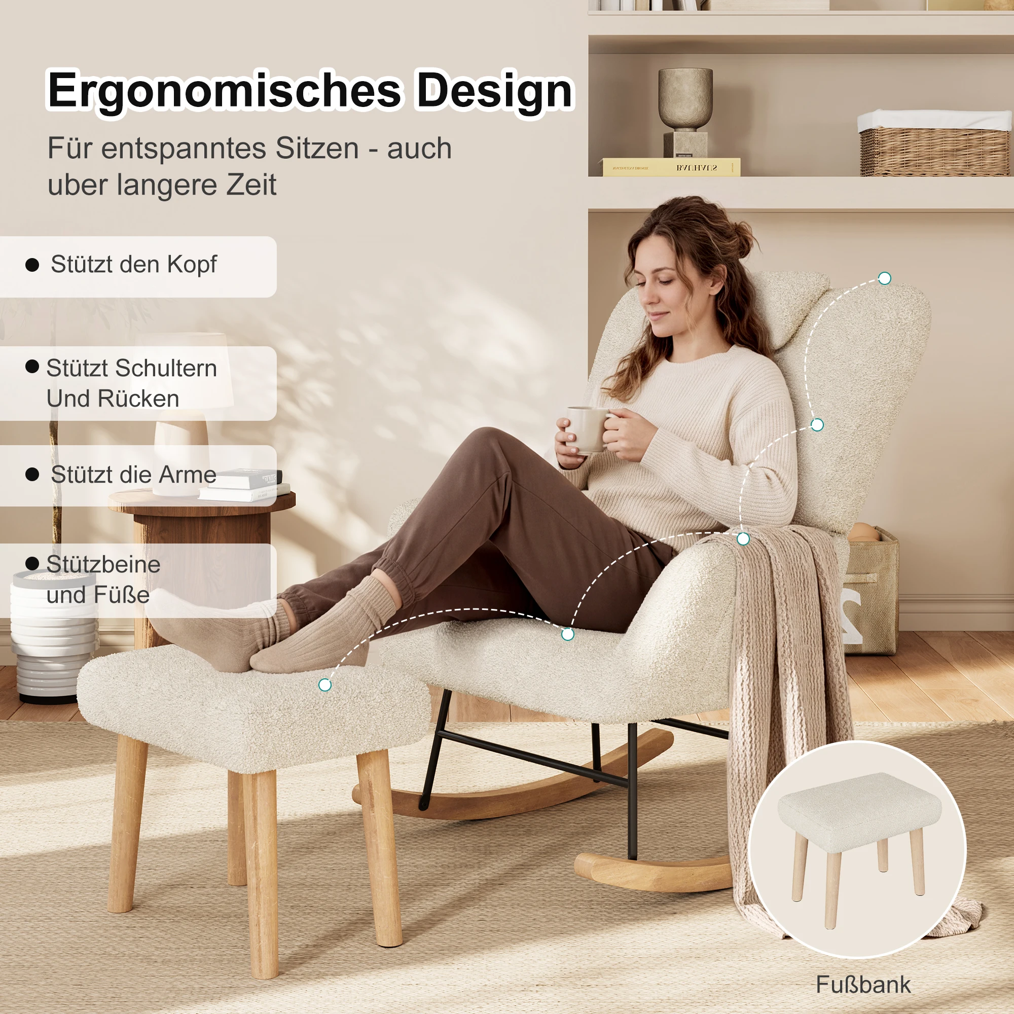 Fauteuil à bascule avec repose-pieds, Fauteuil relax lecture rembourré, Revêtement doux, Dossier ergonomique, Accoudoirs rembourrés, Patins en bois solides, Fauteuil confort pour salon chambre coin lecture détente mais