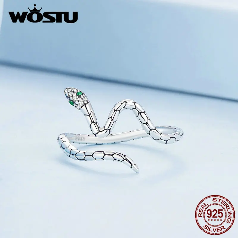 WOSTU 925 Sterling Silver Snake Opening Ring with Green Zircon for Women Luxury Party Gift Adjustable Size Original Jewelry image 2