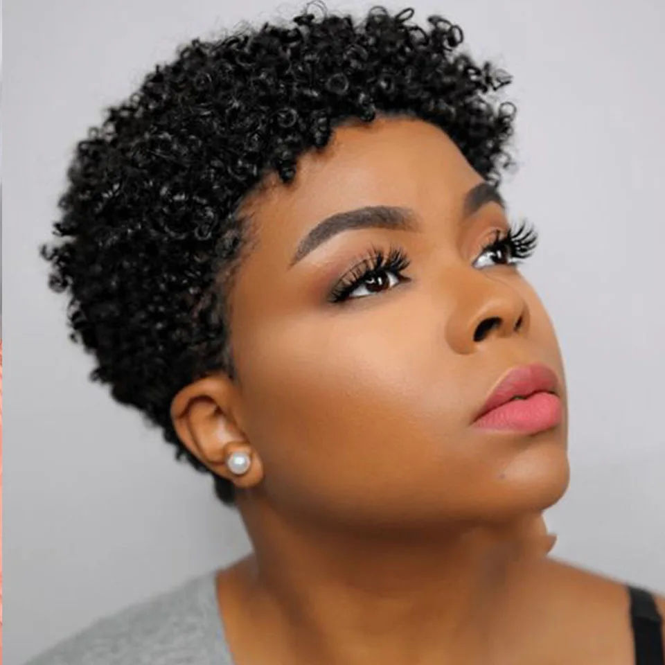 Glueless Short African curly Pixie Cut Wig Natural Curly Wigs Malaysian Human Hair Wigs Machine Made Human Hair short Mini Wig