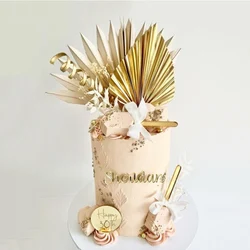 2 pçs palma lança bolo topper feliz aniversário dourado folha de palmeira decoração do bolo festa de aniversário do casamento cozimento sobremesa festa favores