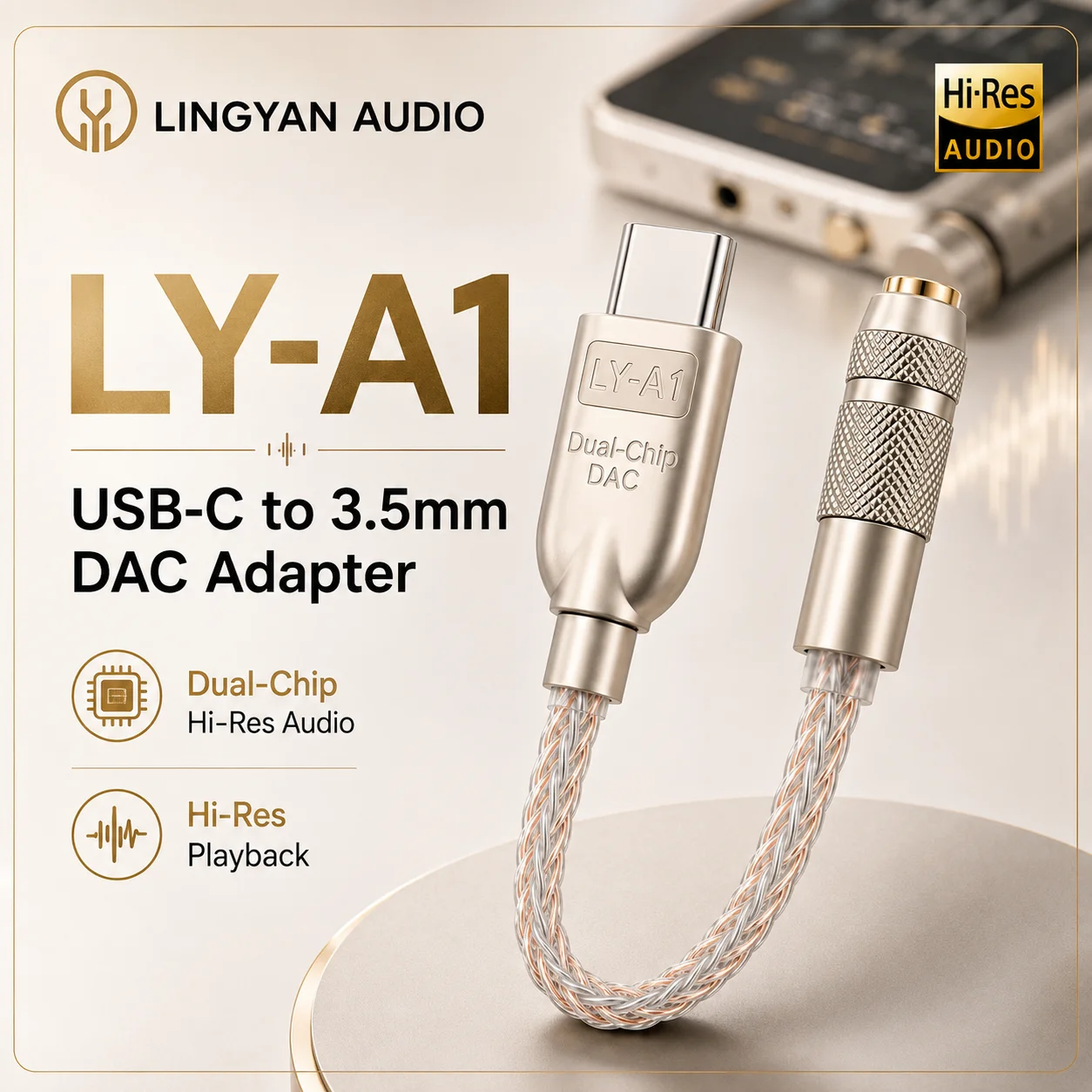 LY-A1 USB-C to 3.5mm DAC Adapter CX31993 MAX97220 Dual Chip Audio Dongle with Mic Control for Phone Laptop