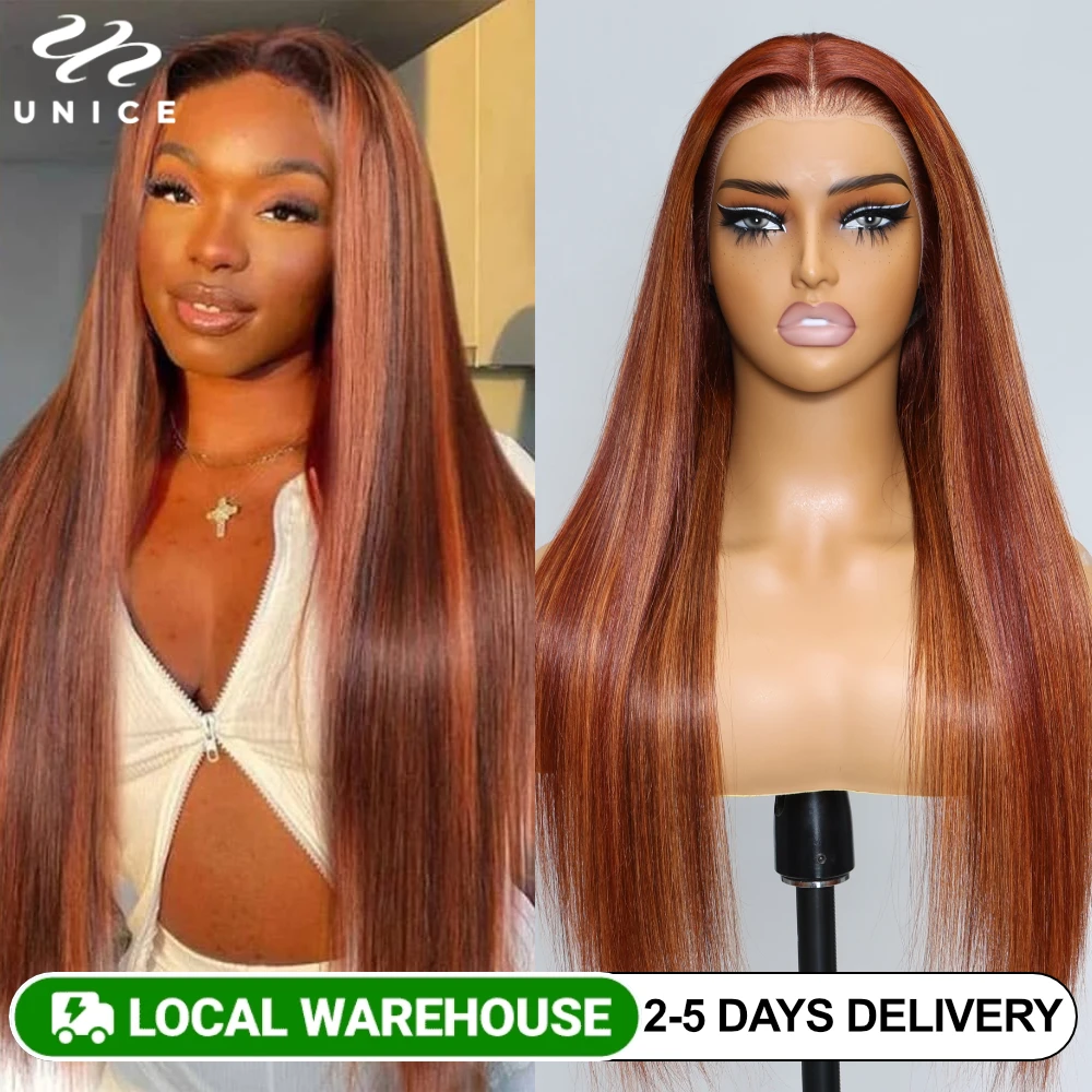 UNice Ginger Orange Highlight 13x4 Lace Front Wigs Pre Cut Bleached Plucked Straight Human Hair Lace Frontal Wig 150% Density