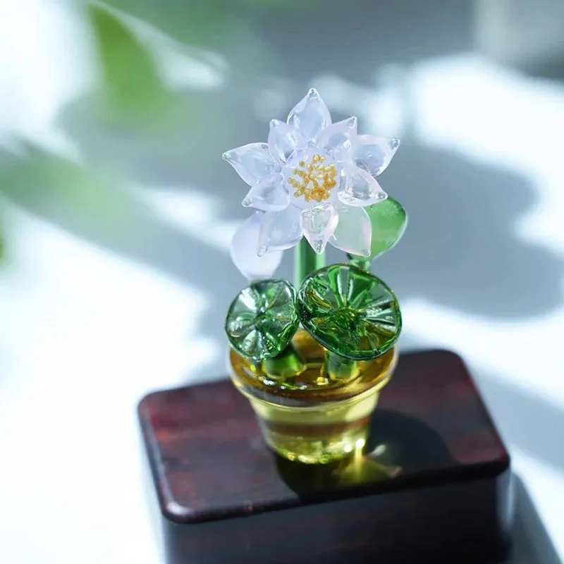 Mini Colored Glaze Glass Crystal Lotus Flower Potted Sculpture Art Handmade Good Luck Plant Home Car Decoration Gift