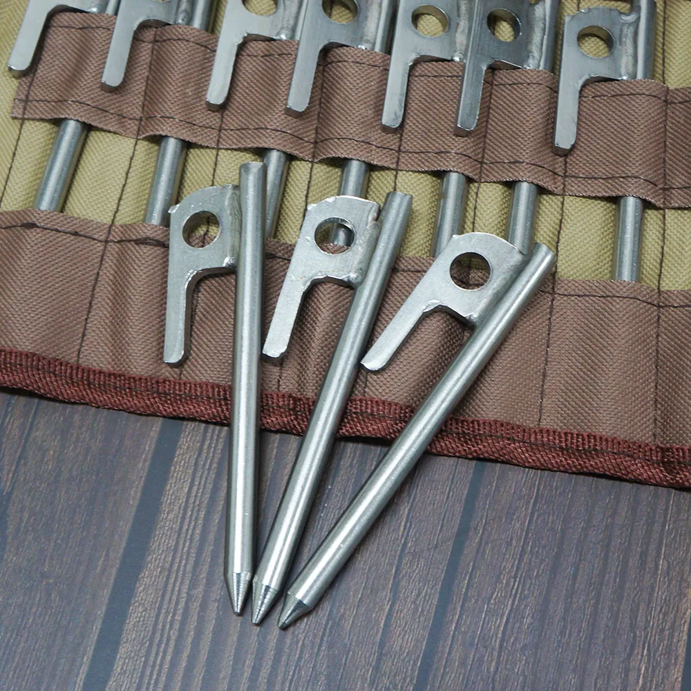 مجموعة حزمة قماش القنب لخيمة التخييم بما في ذلك صندوق تخزين، أوتاد من الفولاذ المقاوم للصدأ 12 سم 20 سم 30 سم حزمة مزورة.