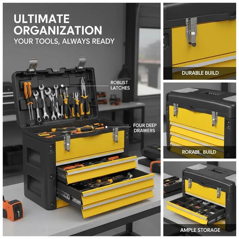 Boîte à outils en métal avec 4 tiroirs |   Gestionnaire de garage portable robuste |   Résistant aux rayures et à la rouille |   Roulement à billes facile à glisser