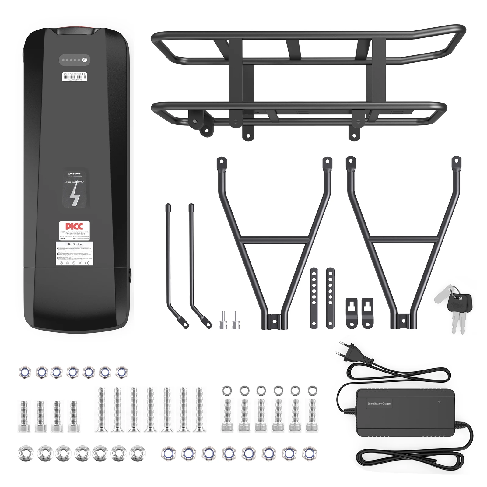 Image of [Duty Free] 48V18.2Ah / 36V20.8Ah Gepäckträger-Akku, Umrüstkit für Elektrofahrrad | Hinten montierter Lithium-Akku mit Gepäckträger, USB-Anschluss und 3A-Ladegerät, kompatibler Umbausatz für