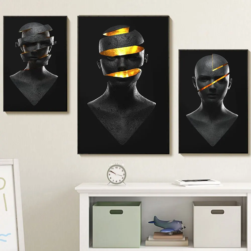 Abstract Heads Segmentation Artwork Posters and Prints Figure Statue Canvas Painting Black Wall Art Pictures for Room Home Decor