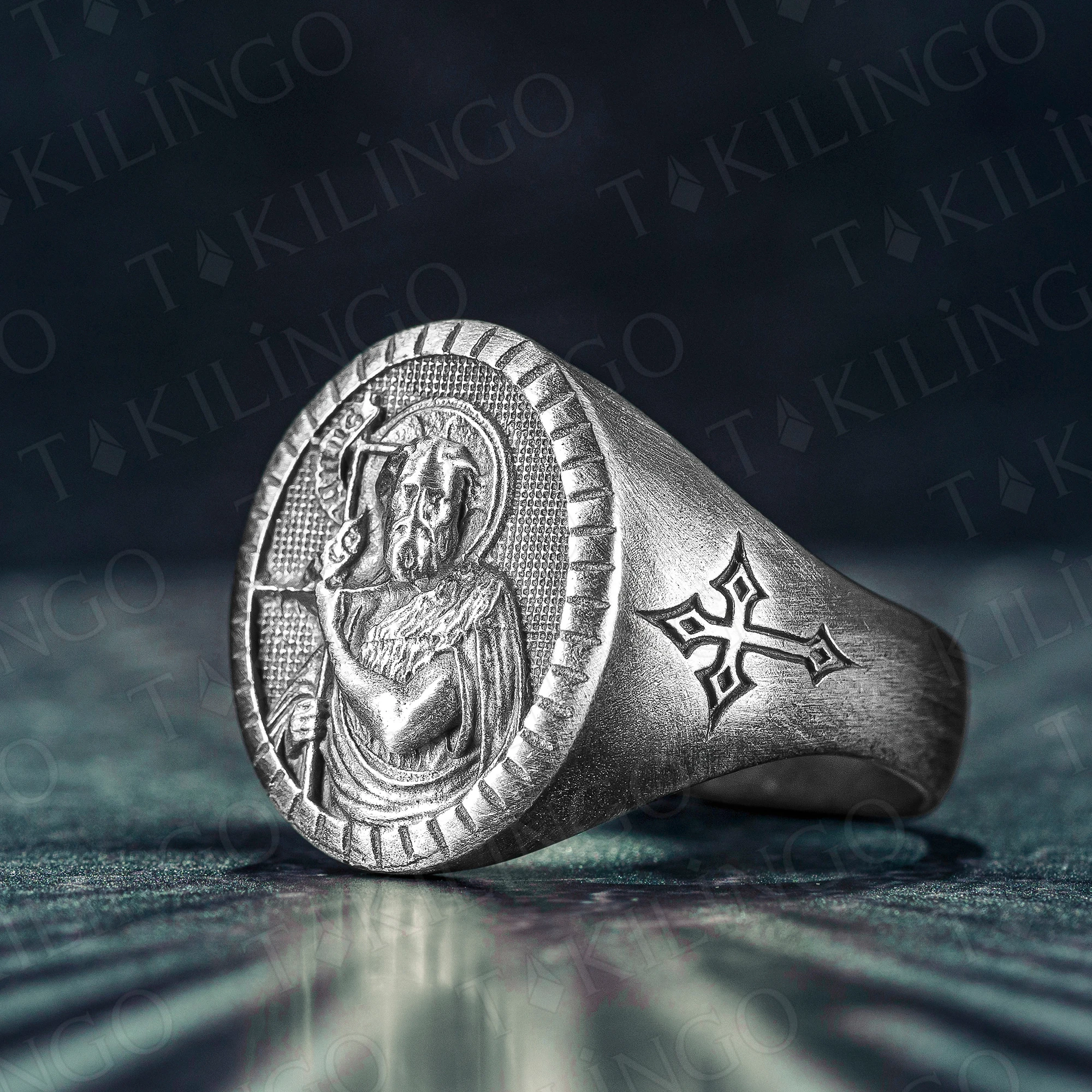 

925 Sterling Silver Men's Jesus Head Ring Catholic Christian Cross Vintage Signet Retro Religious Amulet Baptism Biker Ring