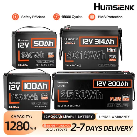 Humsienk LiFePO4 Battery 12V 50Ah 100Ah 314Ah 200Ah Built-in 200A BMS 1280Wh 4019Wh Deep Cycles For Solar Storage/Trolling Motor