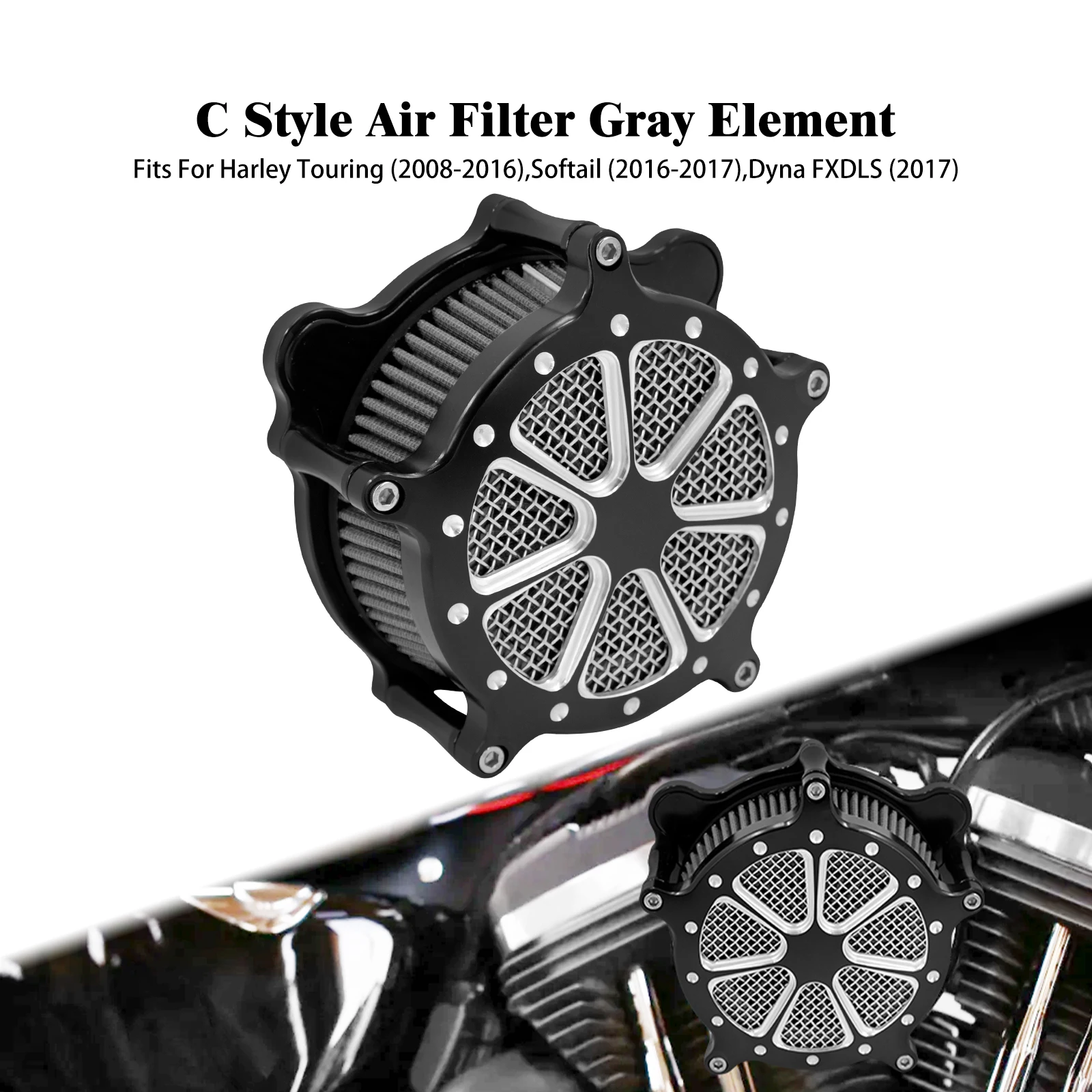 

Мотоциклетный серый воздушный фильтр из алюминия с ЧПУ для Harley Touring Street Glide Road King Softail Fat Boy Breakout