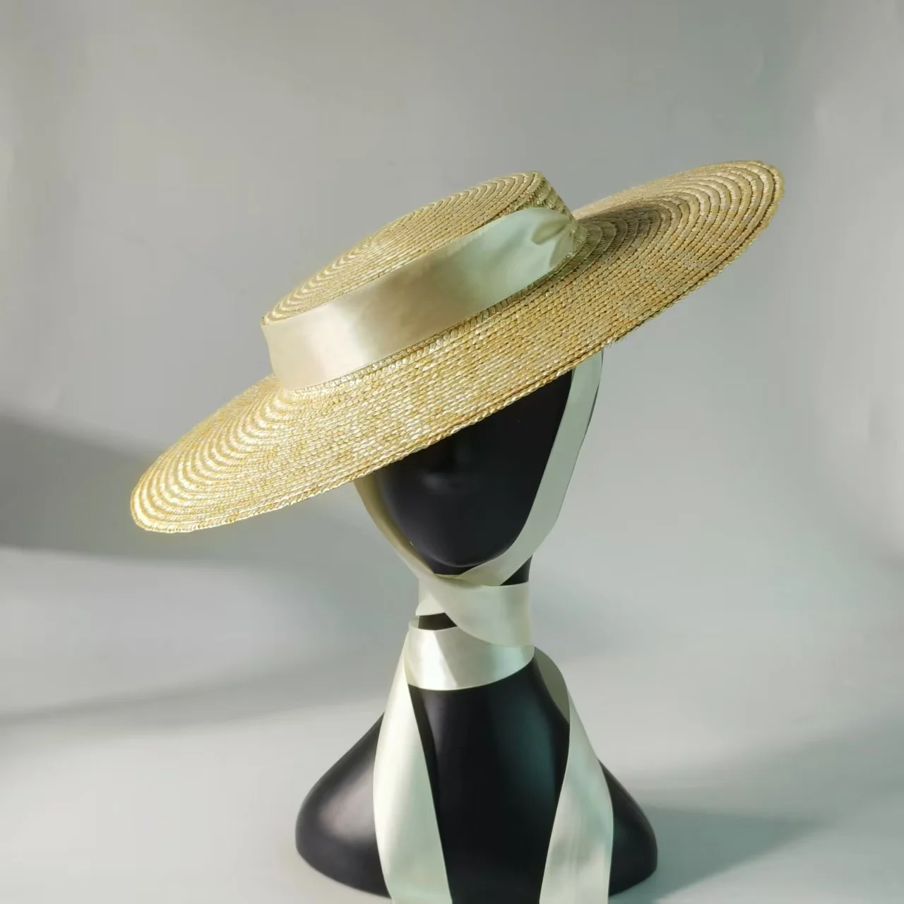 フランス風シックな麦わら帽子-女性用-10cmつば広麦わら帽子-ピクニックハット-ボーターハット-手作りリボン付き-バケーションサンハット-ビーチサマーハット-パナマハット