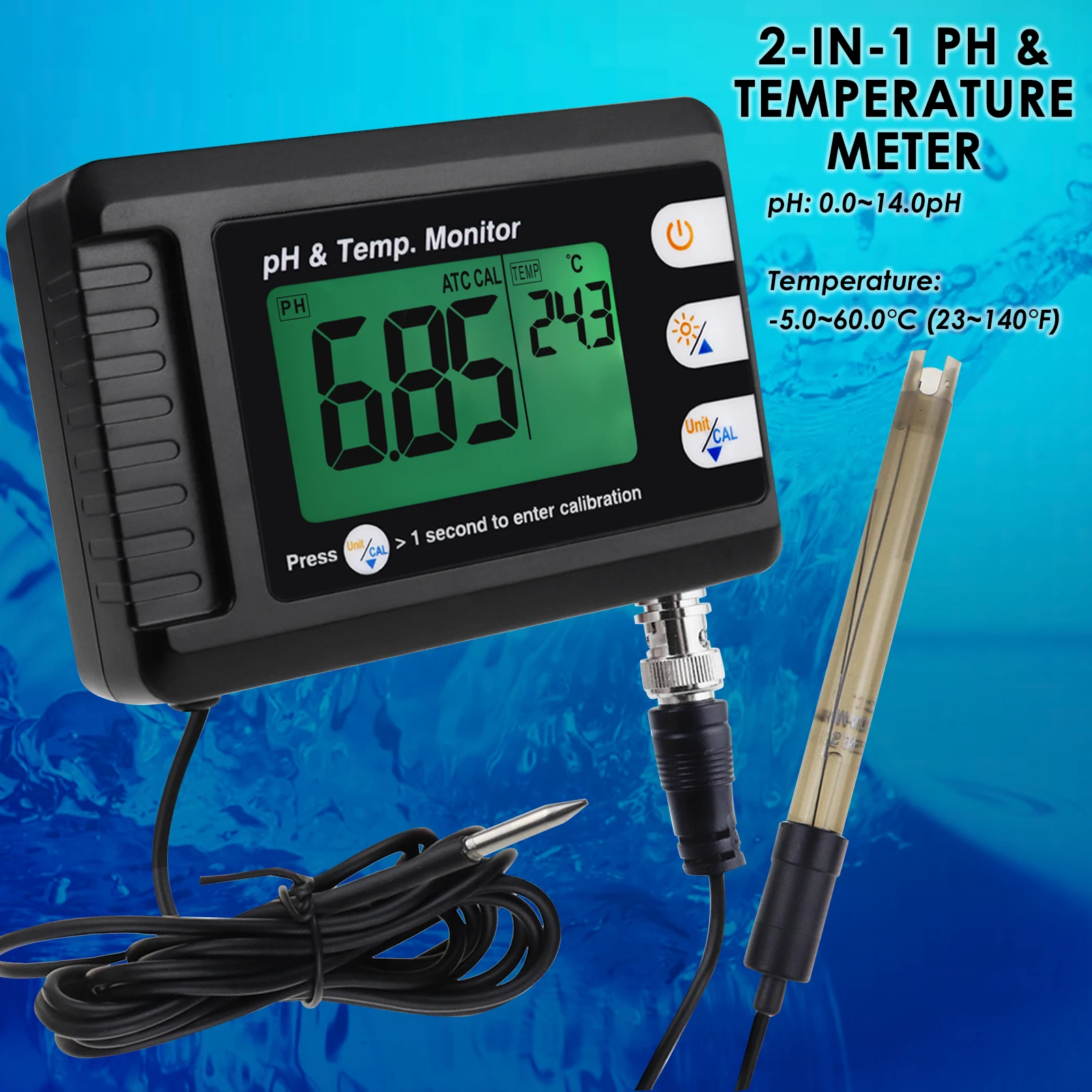 2-in-1 Combo pH & Temperature Meter Monitor Thermometer for Aquariums Hydroponics Aquaculture Replaceable BNC Electrode