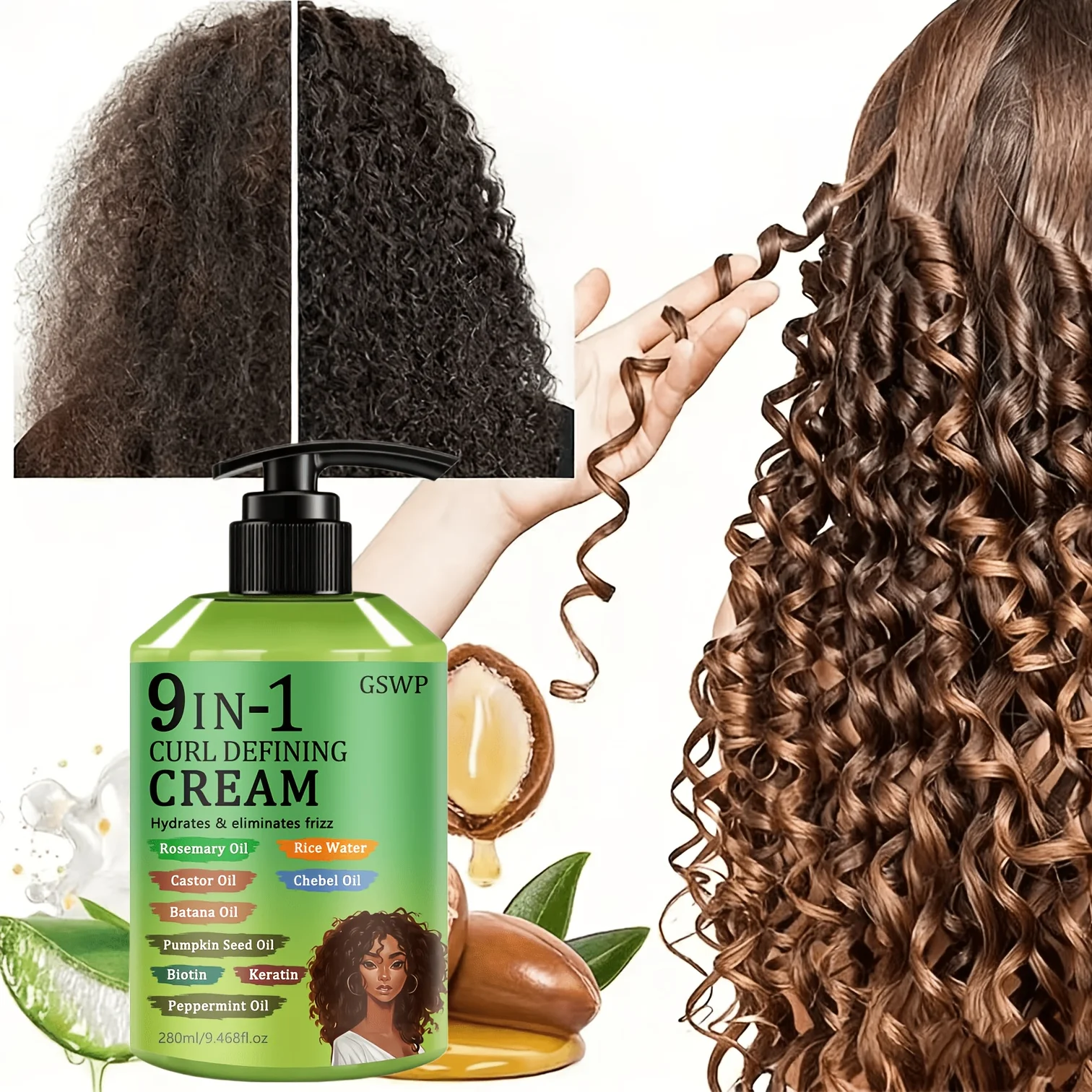 

GSWP 9-In-1Curl Defining Cream，Frizz Control and Long-Lasting Style, Hydrating Repair Damaged Waves Hair.280ML