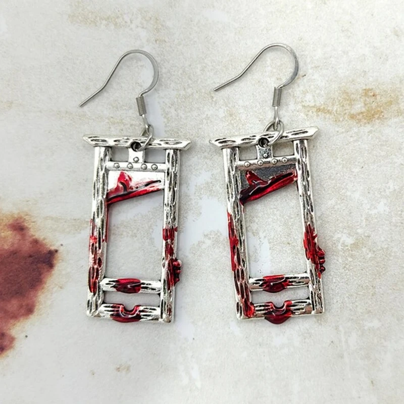 Bloody Guillotine Earrings – Gothic Bloody Weapon Earrings, Gore Jewellery, Spooky Jewellery, Halloween Jewelry