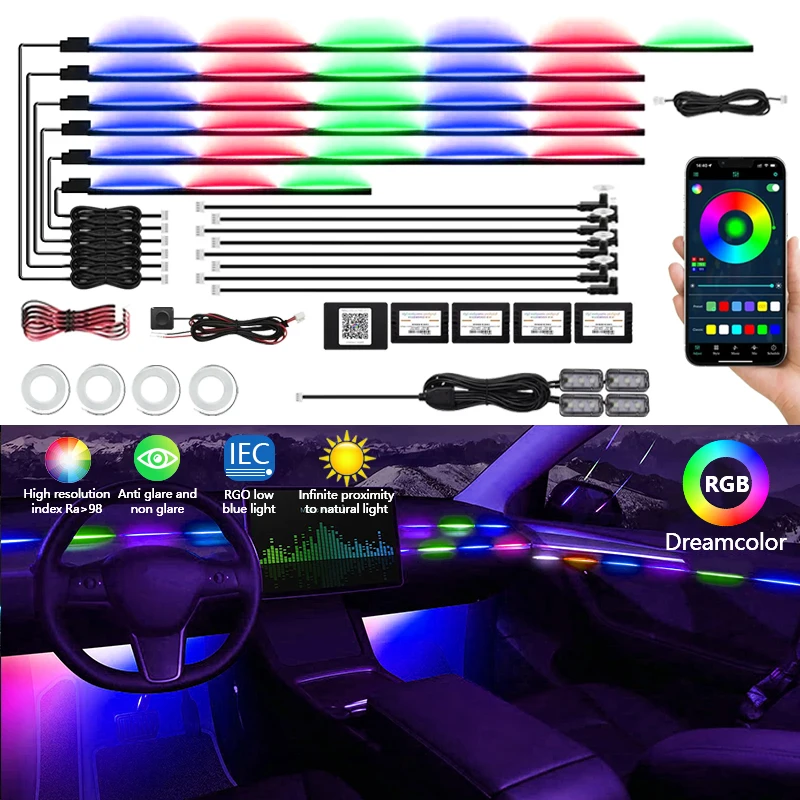 22 In1 Universal Symphony Car Ambient Light 64 RGB Car Interior Acrylic Light Guide Fiber Optic Car Decoration Atmosphere Light