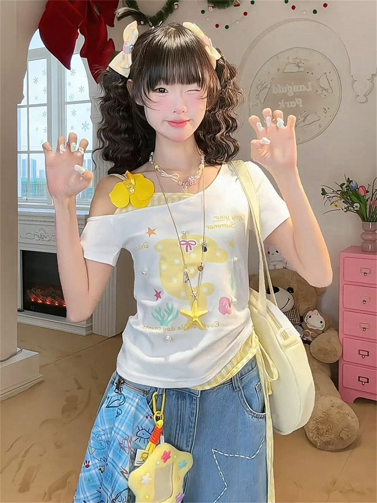 Sexy Harajuku T Shirts Women Cartoon Sweet Diagonal Collar Short Sleeve Off Shoulder Funny Tops Female Y2k Ladies Tshirts