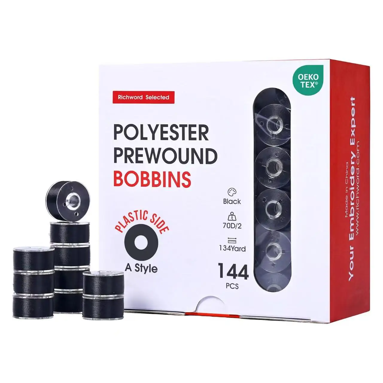 Poolin Prewound Bobbins Richword Selected 144pcs (Class 15) Size A Plastic Sided, 70D2(60WT) Polyester Bobbin Thread for Single Needle Embroidery and Sewing Machine, Black