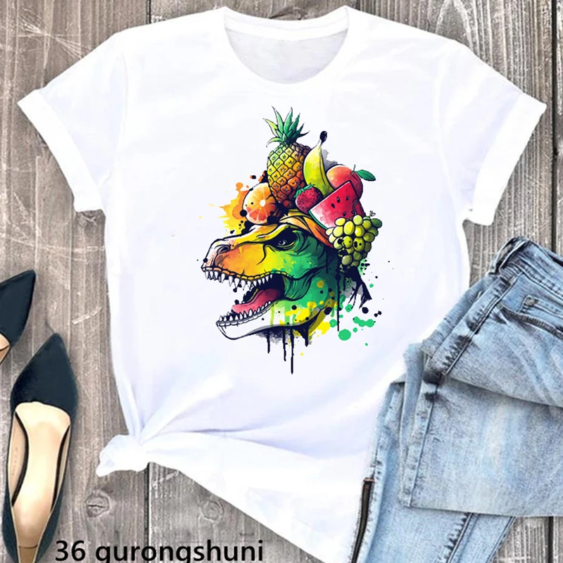 

Watercolor Dinosaur Print Tshirt Women'S Clothing Pineapple Fruit T Shirt Femme White Short Sleeve T-Shirt Female Streetwear