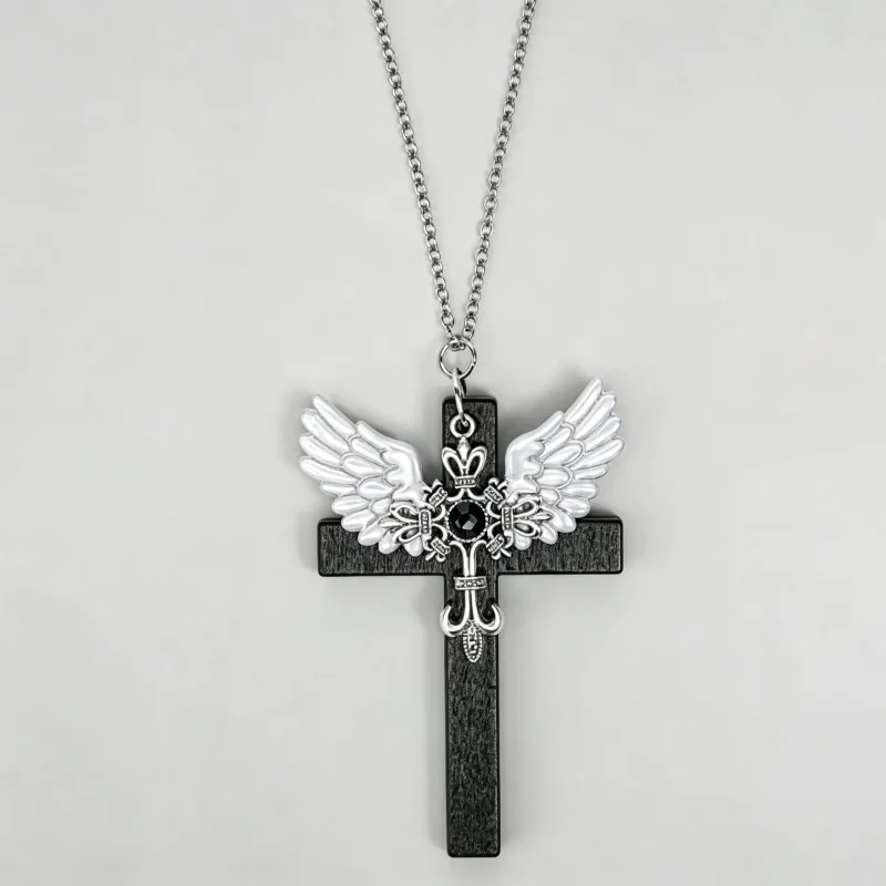 3Pcs Gothic Necklace Set Silver Chain Multi Color Wooden Cross Heart Shaped Crystal Angel Wing Pendant Necklace Jewelry