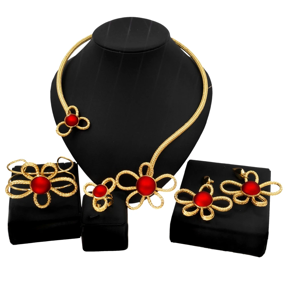 Earrings Set For Women Dubai 24K Gold Plated Flower Ring Necklace African Wedding Party Jewelry Accessories Gifts Hhigh Quality