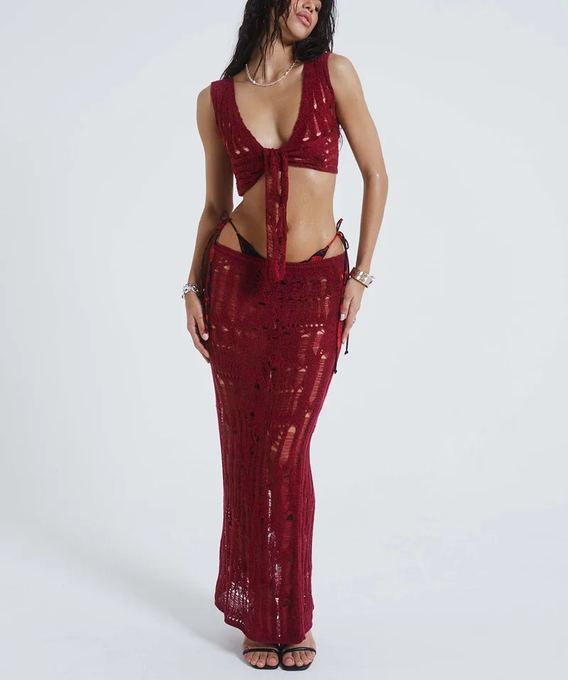 Robe de plage longue pour femmes, 2 pièces, tricotée, Cover-Up pour Bikini, Sexy, ajouré, décolleté en V profond, haut court et jupe taille haute, jupe portefeuille, maillot de bain au Crochet
