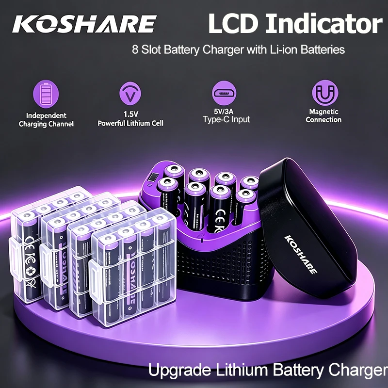 KOSHARE 1,5V AA AAA Batterieladegerät mit 4255mWh 110mWh Lithium-Ionen-Akkus, 8-Fach Smart LCD-Ladebox