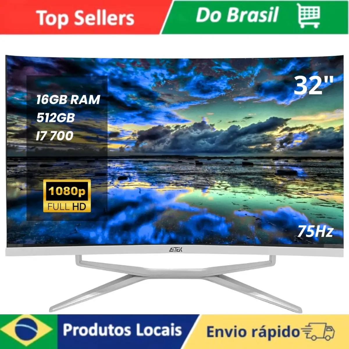 Computador All In One Curvo Full HD VA 32" 75Hz 5ms Intel Core i7 7700HQ 512GB SSD 16GB RAM DDR3 Com Alto Falantes e Rede 5GHz