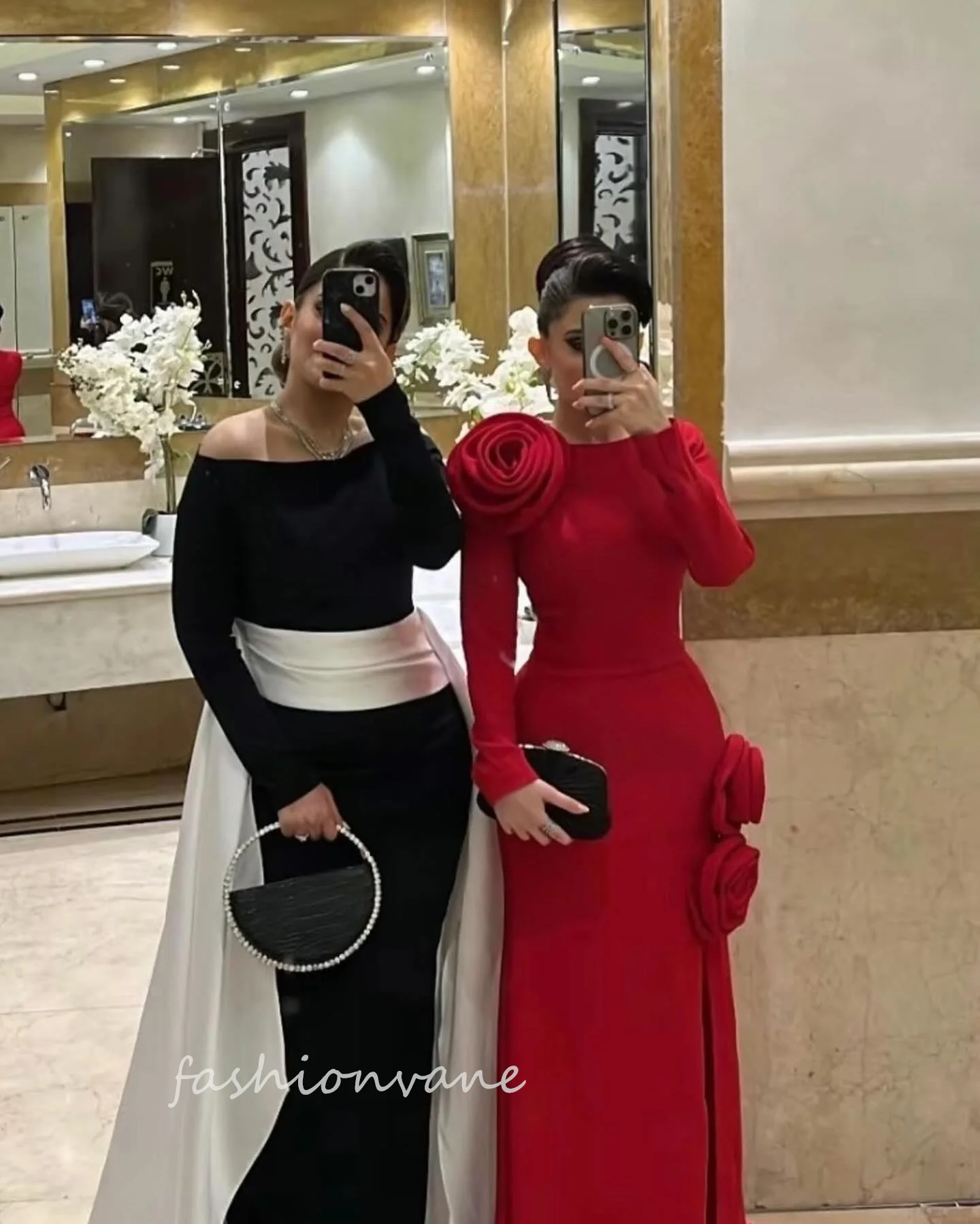 Fashionvane Red Pleated Mermaid Prom Dresses Handmade Flowers Ankle Length Party Evening Gowns Full Sleeve Saudi Arabia Robe Des