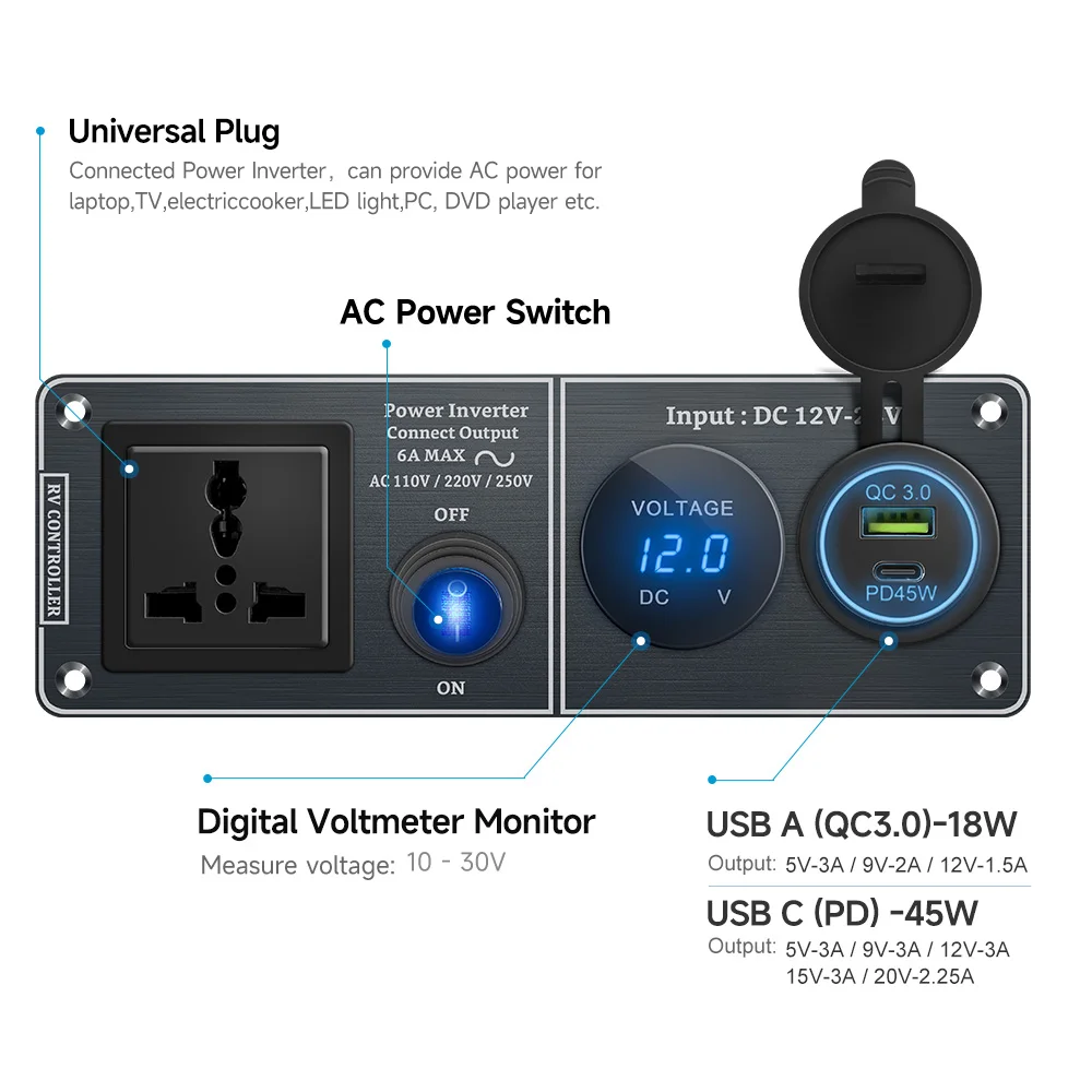 Aluminum Car Dashboard Panel with Voltage Display /45W USB PD Fast Charger, Universal Socket for SUV Truck Van Auto Modification