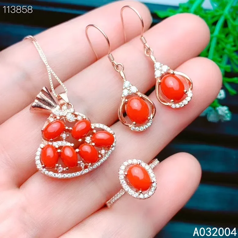 

Boutique Jewelry 925 Pure Silver Natural Red Coral Agate Gemstone Women's Pendant Ring Earnail Set Rose Gold Lucky Bag Style