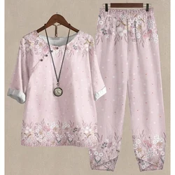 Nuovi set di due pezzi donna O collo mezza manica vestito stampa floreale eleganti signore top estate abiti femminili pantaloni larghi a vita alta