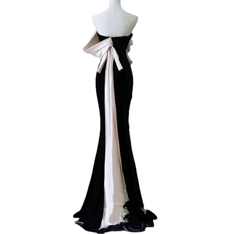 Black evening dress new one shoulder niche banquet host waist fishtail engagement dress skirt women