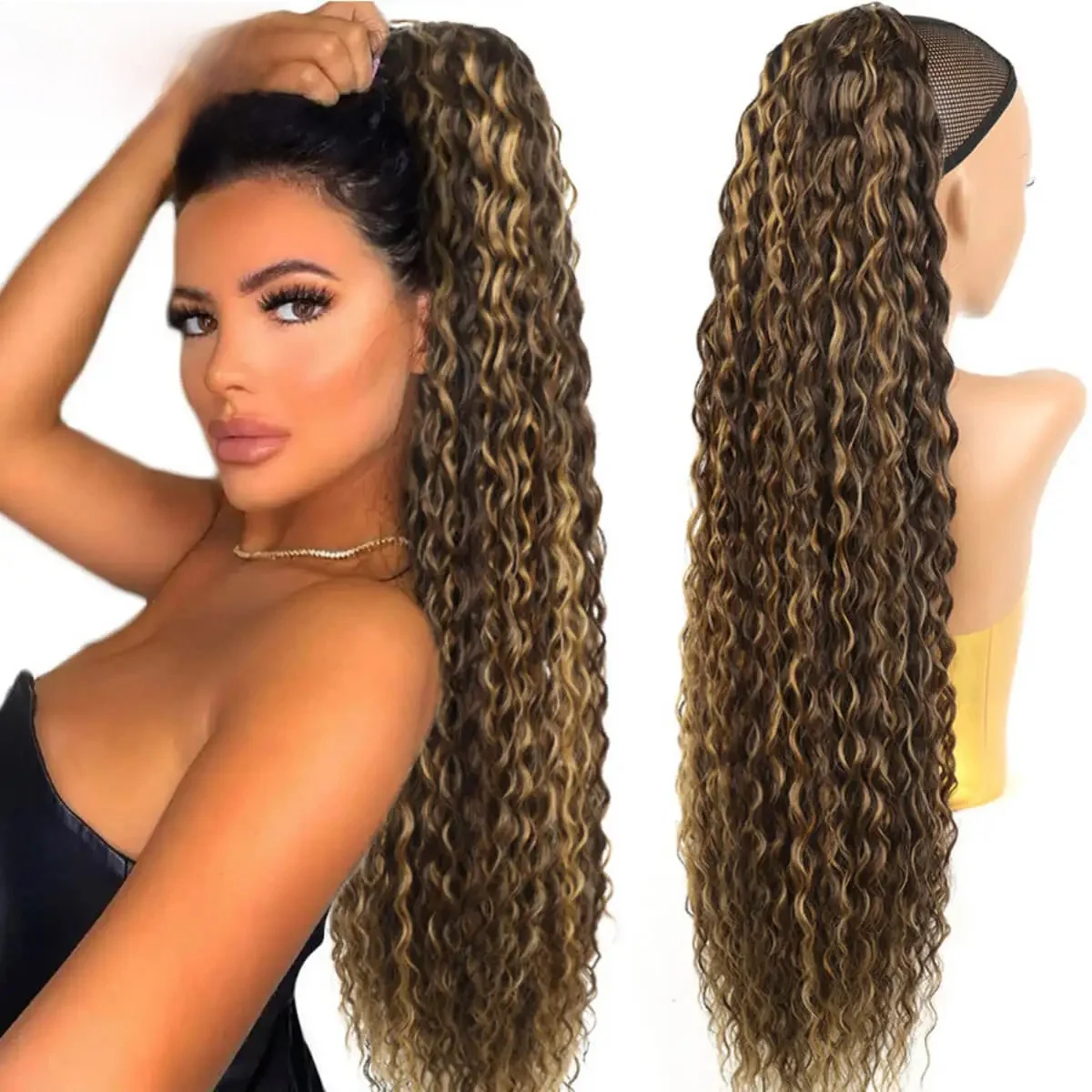 Alana synthetischer lockiger Pferdeschwanz mit Kordelzug, langer, verworrener, lockiger Pferdeschwanz, Bio-Chip-In-Haarverlängerung, Clip-in-Pferdeschwanz