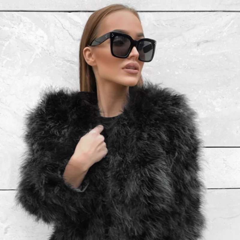 Women\'s Natural Genuine Ostrich Feather Fur Coat, Elegant Big Size Clothes, Real Fur Long Coat, Lady Turkey Feather Jacket