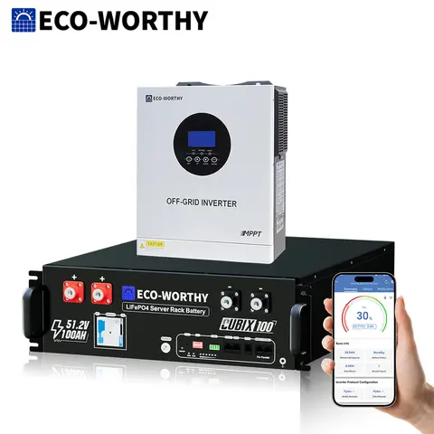 ECO-WORTHY 5.12kWh 48V 100Ah Lithium LiFePO4 Battery+5.5kW 48V Off-grid Inverter for Home Backup, Emergency Use