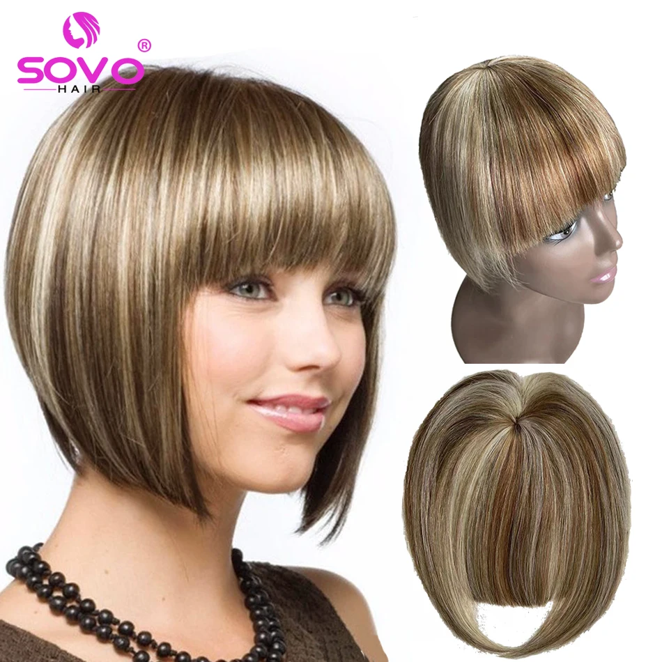 Menselijk Haar Pony Clip In Blunt Cut Fringe Overhead Piekerige Air Bang Zwart Bruin Blond 2 Clips Haar Topper Extensions 8.5x7.5cm