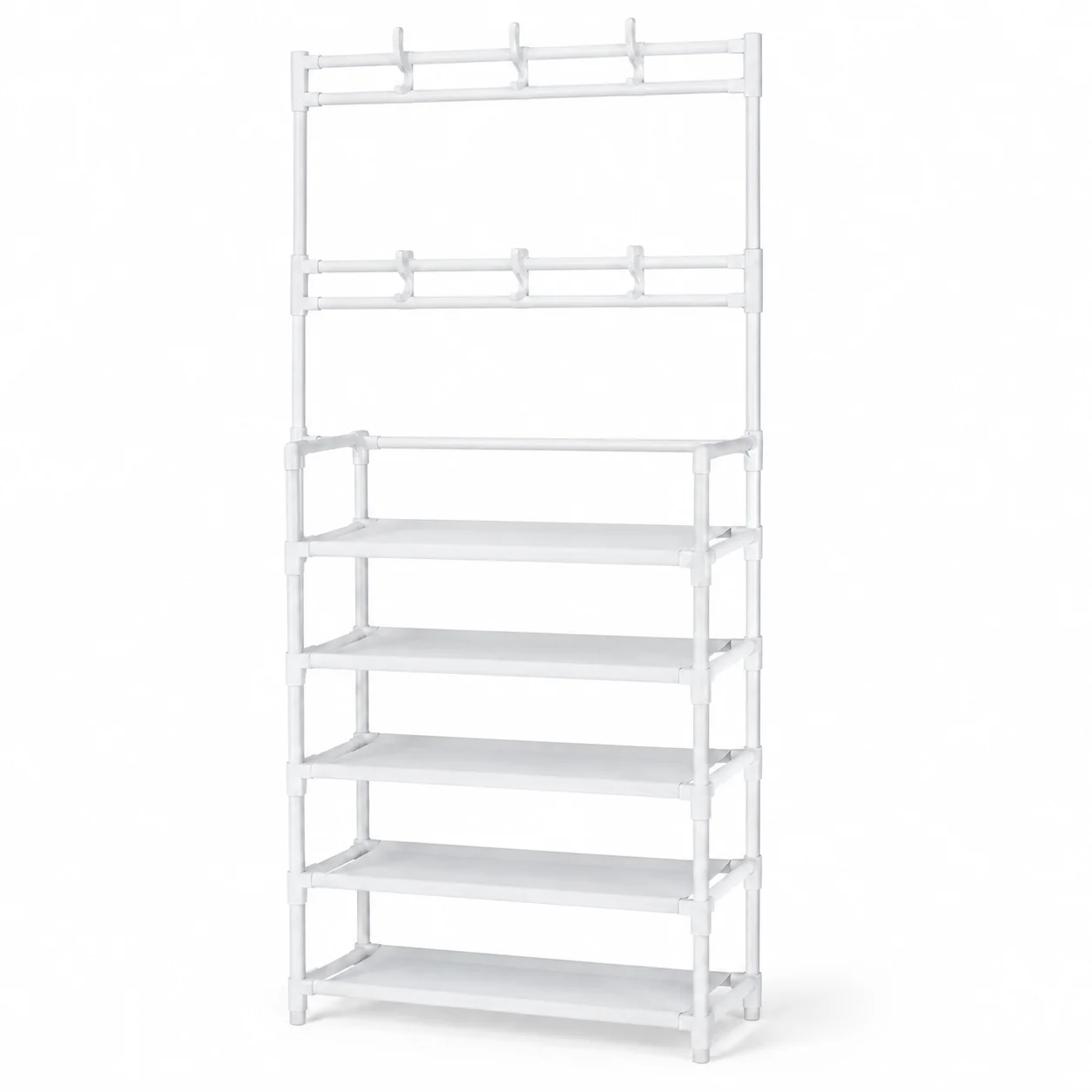 Multi Tier Shoe Rack Organizer with Top Hooks, Space Saving Shoe Storage Shelf for Entryway Bedroom Closet Dorm, White or Black Shoe Stand, No Side Storage Pockets Included