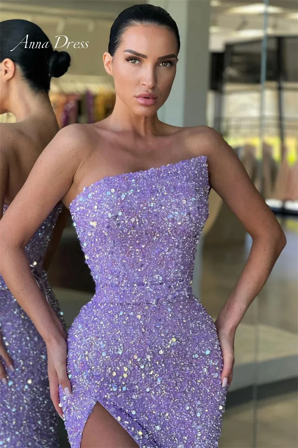 Anna Strapless Graduation Dresses Woman Sequins Elegant Dresses for Women Gala Party Dress Fish Tail Lavender Color Side Slit