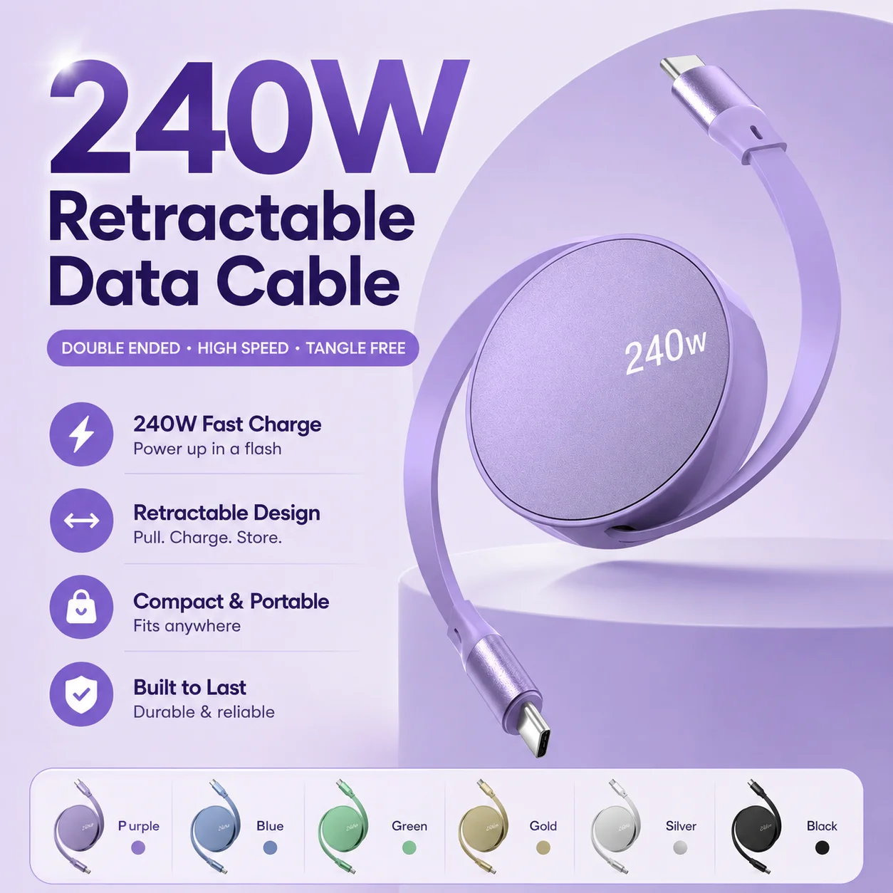 240W Einziehbares USB-C zu USB-C Kabel PD Schnellladung Typ-C Datenkabel für iPhone 15 16 Pro Max MacBook iPad Handy Laptop