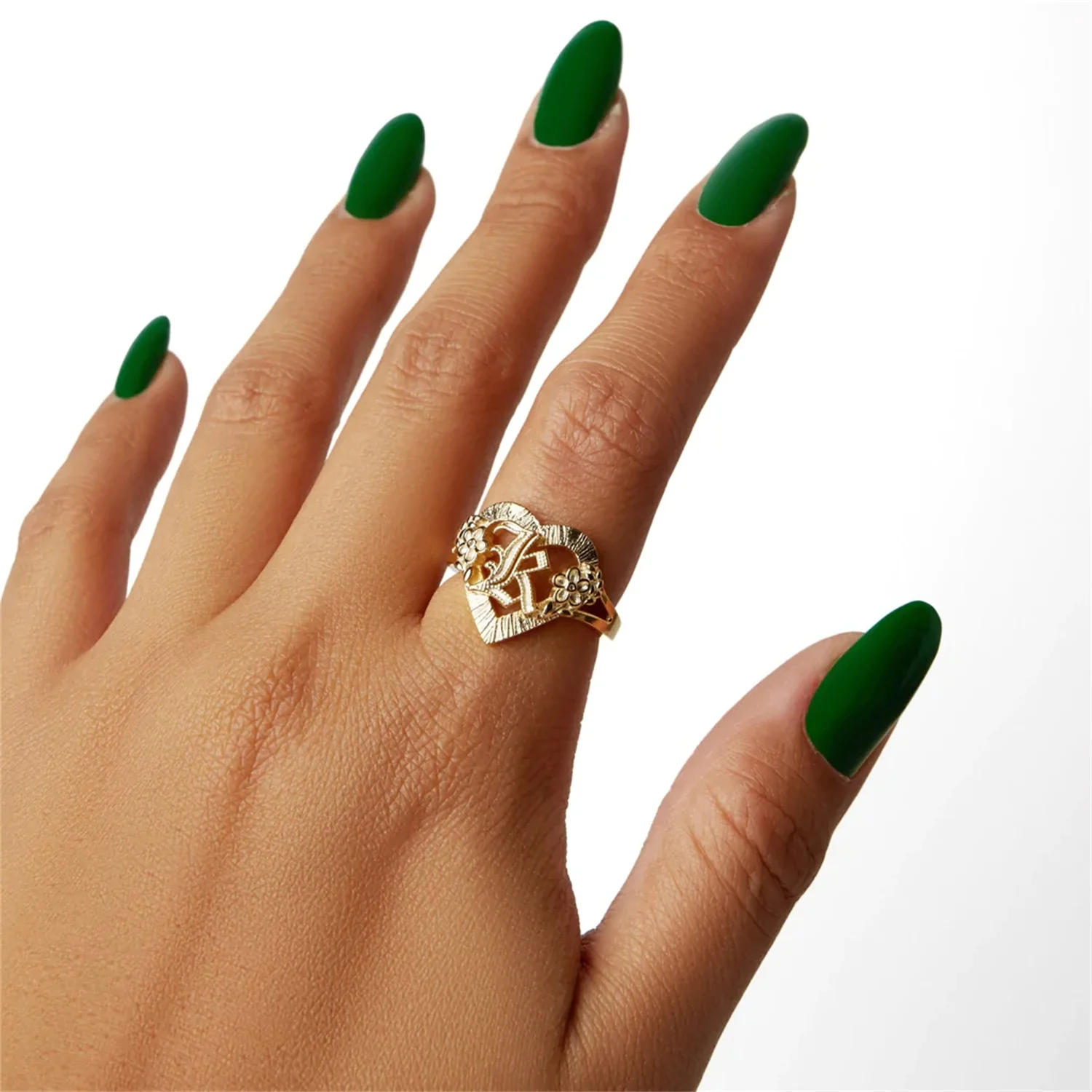 The Cutout Old English Flower Heart Letter Ring Custom Initial Letter Adjustable Ring Personalized A-Z Letter Rings Jewelry Gift