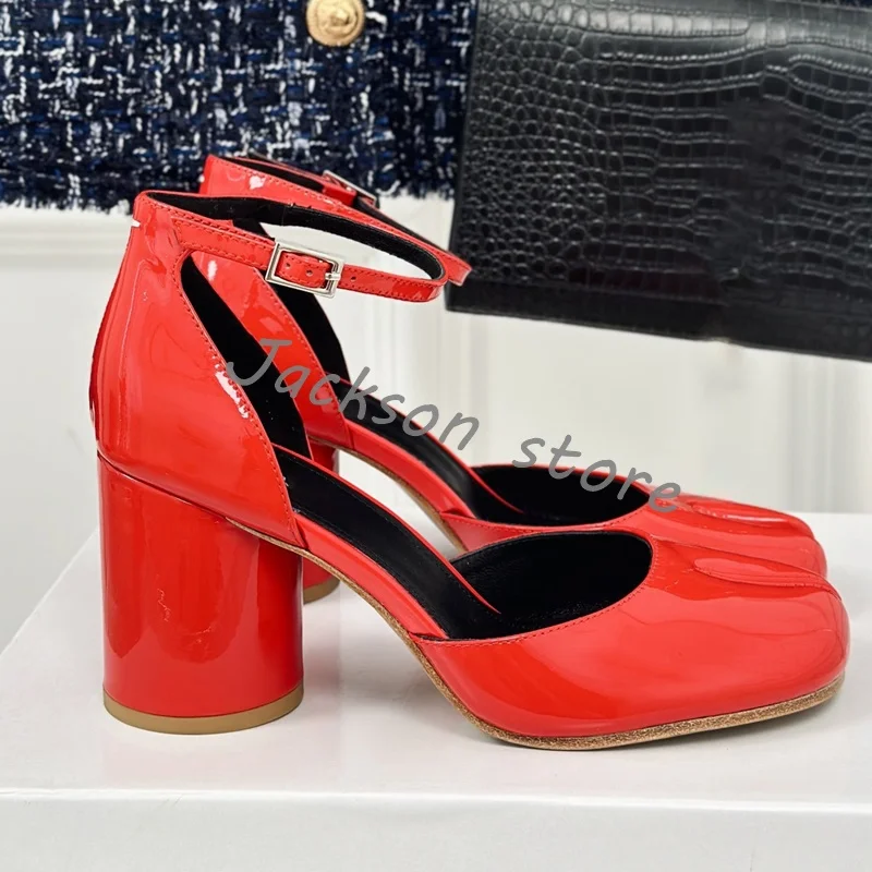 Novelty Red Split Toe High Heel Pumps Women Round Heel Tabi Cowhide Versatile Summer Dress Shoes Ankle Buckle Female Sandals