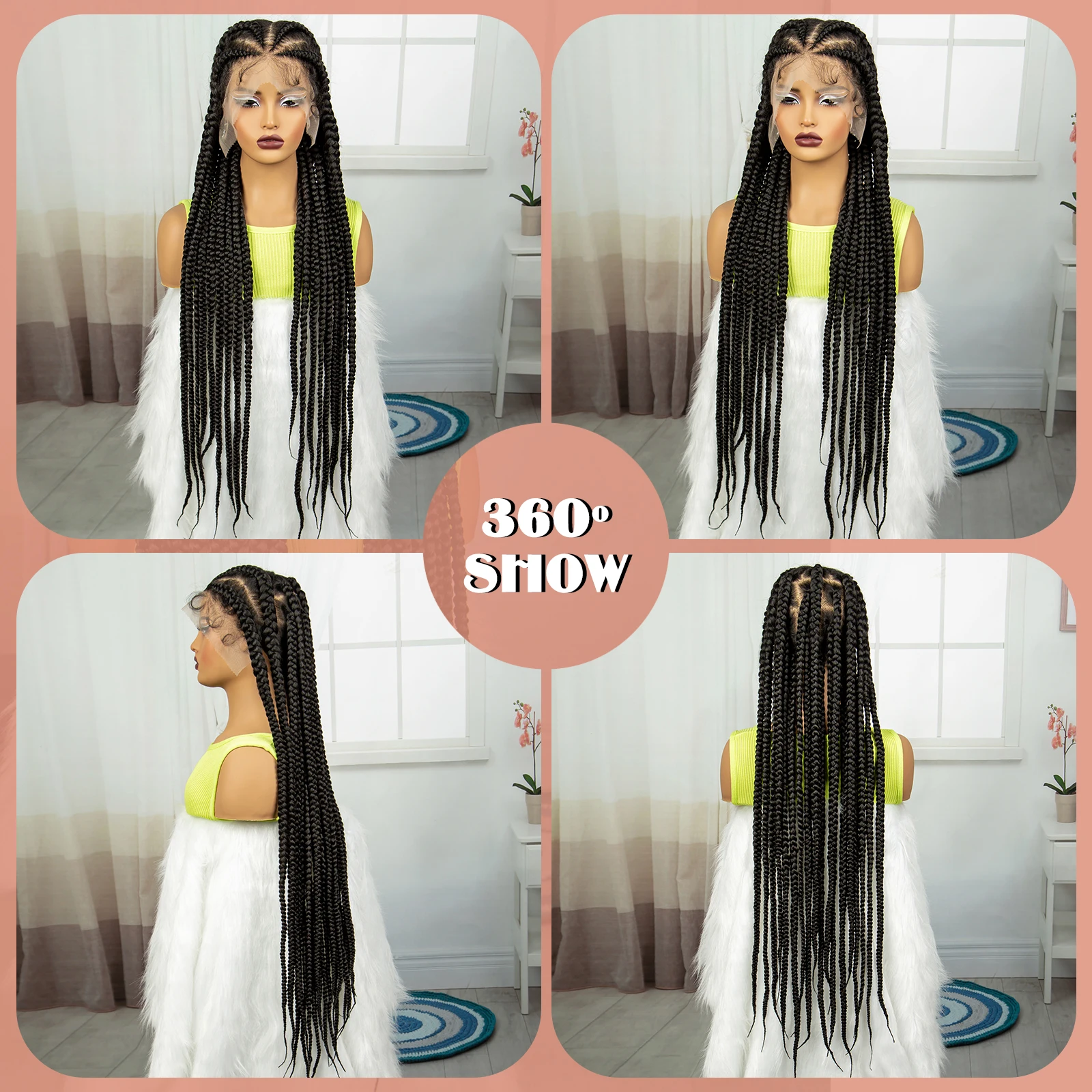 38 Inch Synthetic Full Lace Braided Wig Cornrow Braids Lace Front Wig for Black Women Knotless Box Braid Lace Wig with Baby Hair