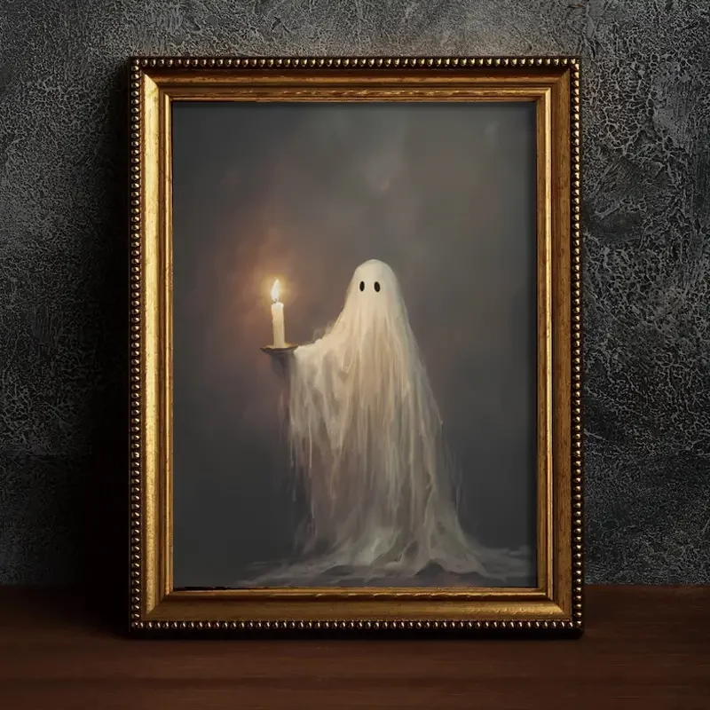 Art Deco Style Square Ghost Candlelight Canvas Poster Unframed Spooky Halloween Night Wall Art Home Living Room Party Decor