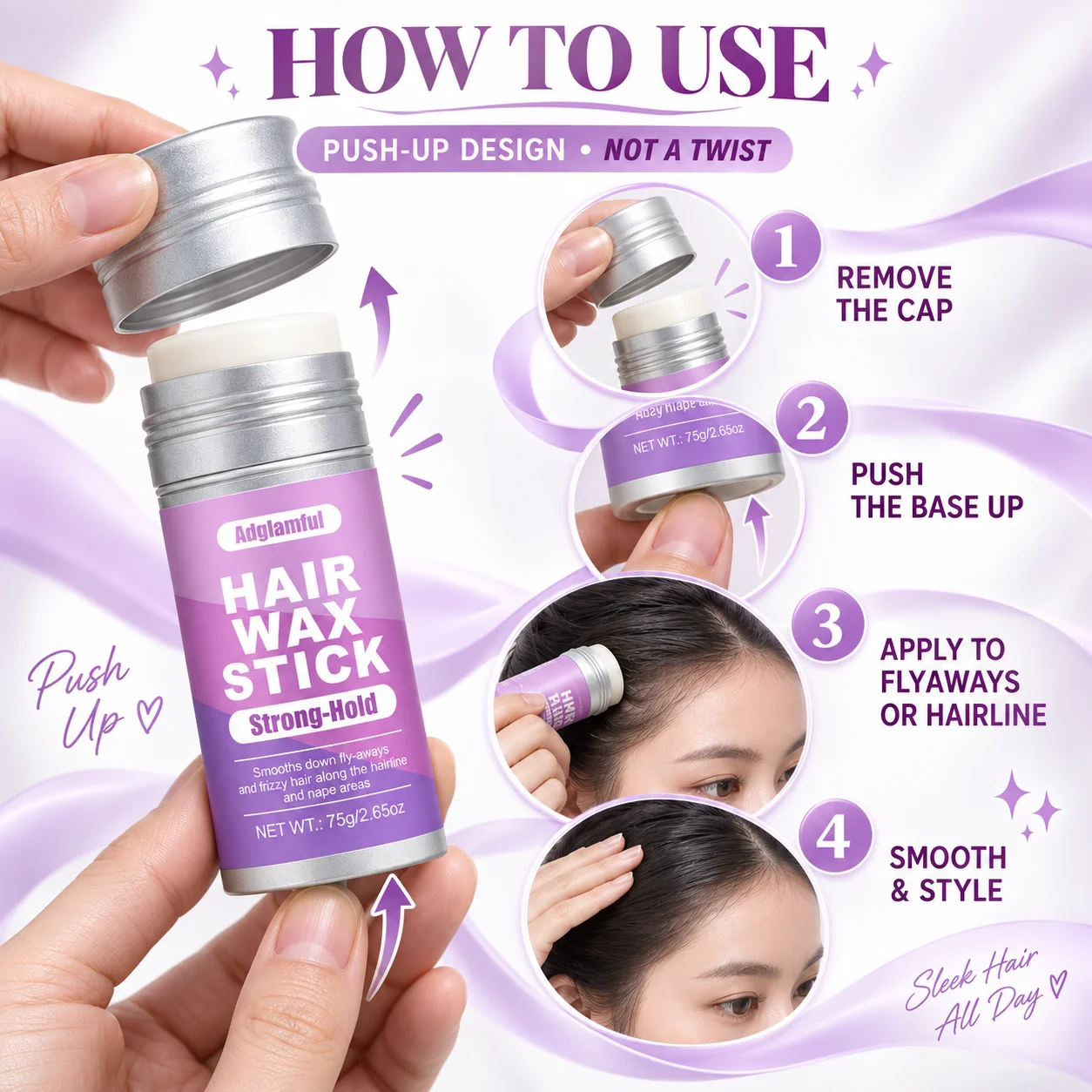 Adglamful Hair Wax Stick 75g, Strong Hold Styling Wax for Flyaways & Frizzy Hair, Smooth Hairline & Sleek Hairstyles