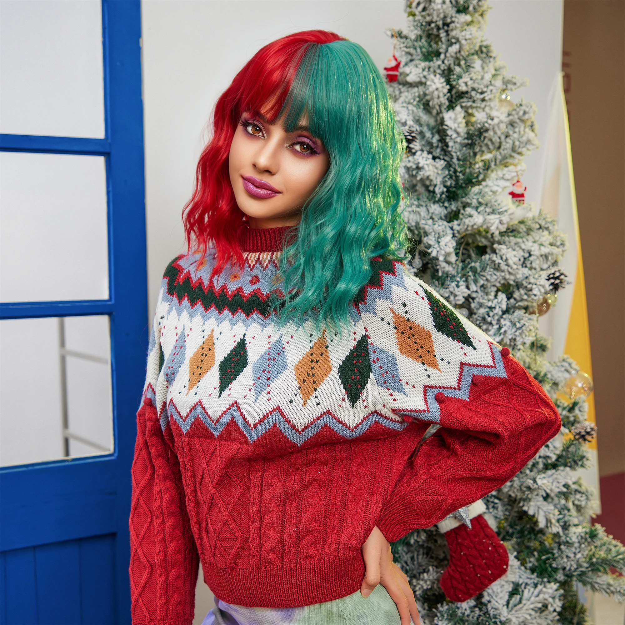 CharmSource شعر مستعار قصير بوب الأحمر والأخضر الباروكات مع الانفجارات الباروكات الاصطناعية عالية الجودة فستان المرأة تأثيري الأصلي